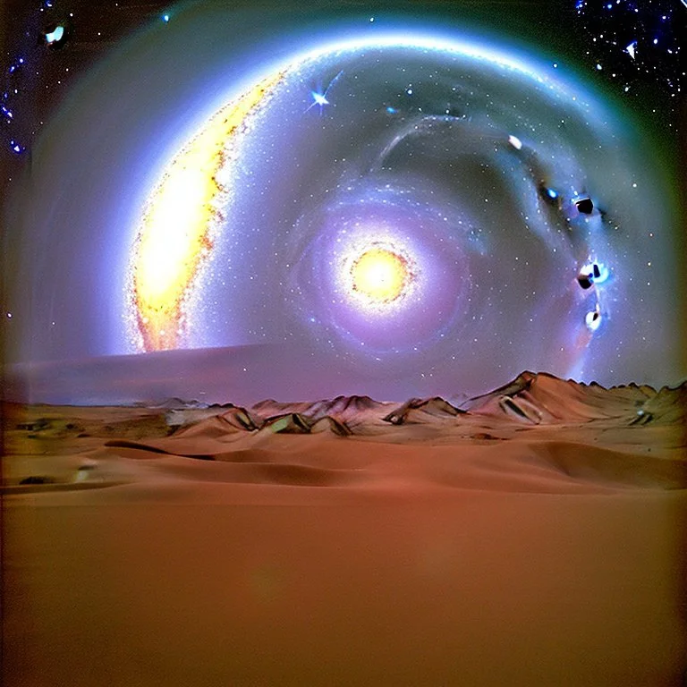 Sky and galaxies over a desert, astrophotography, surreal, Max Ernst