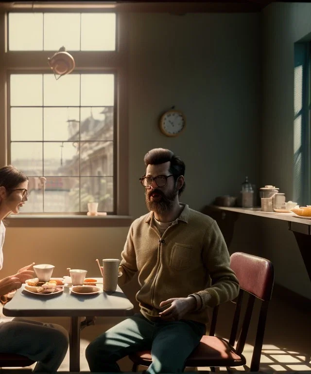 Realistic scene, man and woman sitting in cafeteria and having breakfast levitating, Wes Anderson, soft color, highly detailed, unreal engine 5, ray tracing, RTX, lumen lighting, ultra detail, volumetric lighting, 3d, finely drawn, high definition, high resolution.