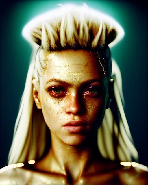 portrait, Shakira, blonde artist, angry, Realistic image, MMA robe, hoodie, mma gloves, loose long hair, eyes, makeup, gold line make up, moisture, sweat, fog, goddess, Neon colors, leds. Black background, photo studio, concept art, smooth, unreal engine 5, god lights, ray tracing, RTX, lumen lighting, ultra detail, volumetric lighting, 3d, finely drawn, high definition, 4k.