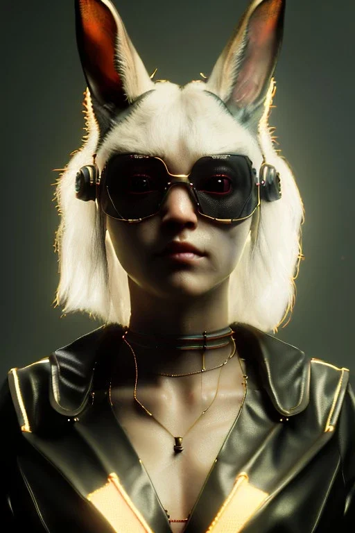 Medium Close Up Portrait, Front image. cyberpunk, rabbit mask, asian woman, gold hair. Latex suit. white, red, color. Yakuza style. Color background, photo studio. Avatar image, highly detailed, concept art, smooth, unreal engine 5, ray tracing, RTX, lumen lighting, ultra detail, volumetric lighting, 3d, finely drawn, high definition, high resolution.