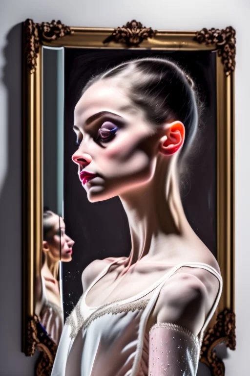 a beautiful ballerina, in a studio, Infront of a mirror, side profile with eyes looking slightly Down, her reflection in the mirror is however looking straight back at her and not looking down, scary, dark undertone, 12k, detailed painting, thick impasto and textures with rough brush strokes, chaos background with cracked paint, peeling off