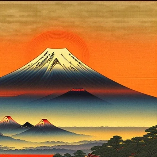 Ukiyo-e painting of a mount fuji at sunset