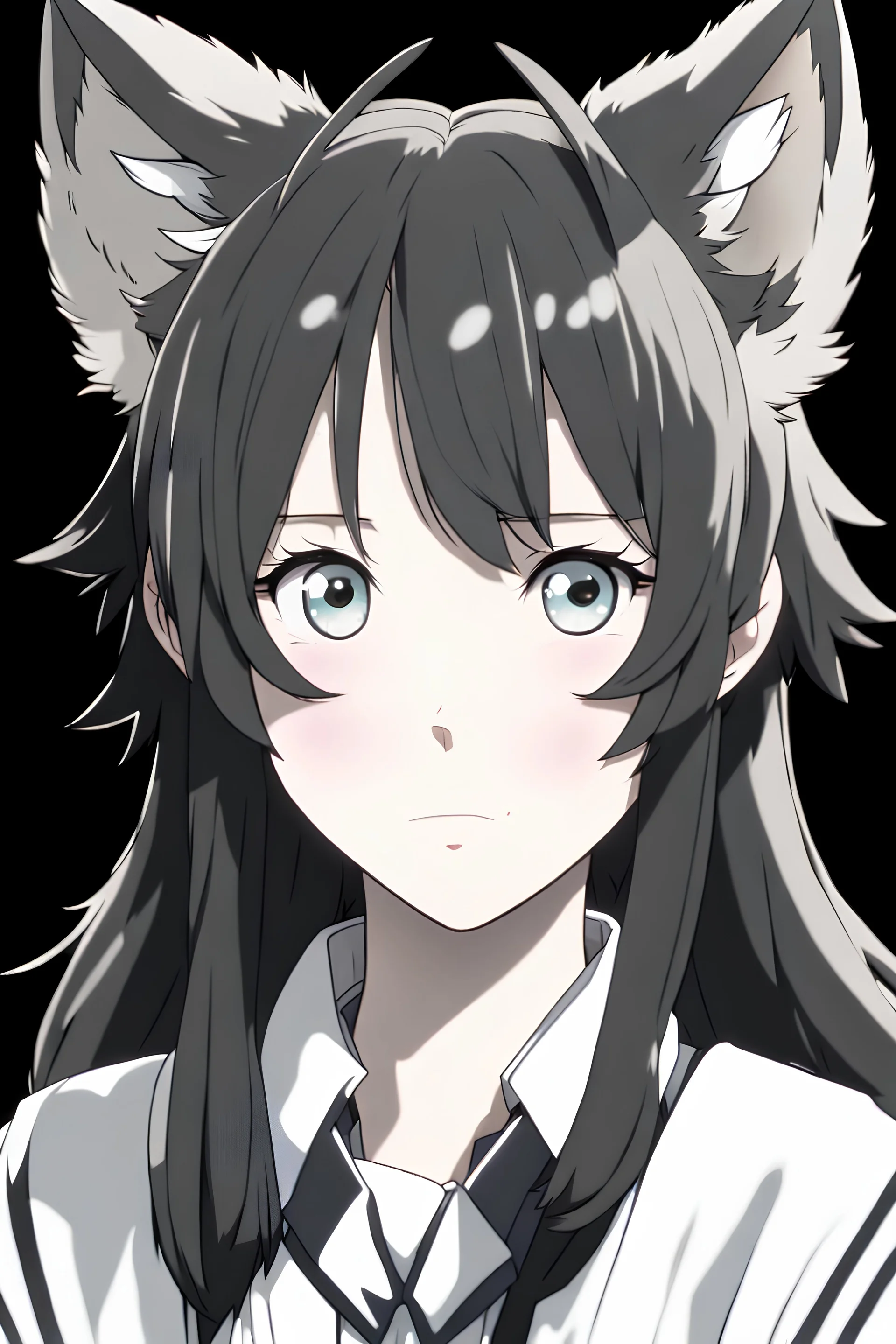 in anime, a female portrait with wolf ears, whiskers, and black-and-white colors.