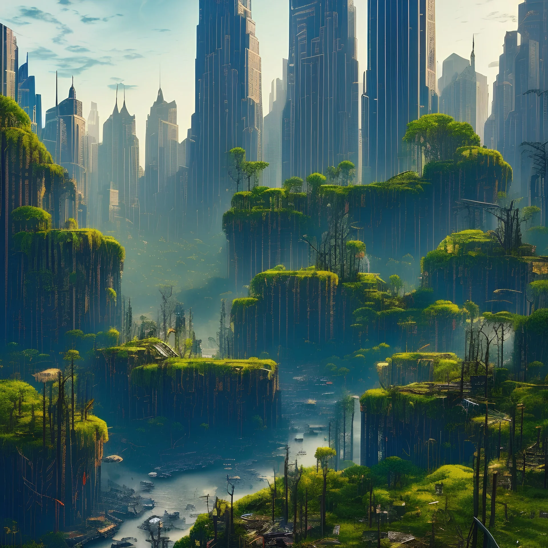 New York city turned into a dschungle, 8k, extremly detailled, nature, forest, broken city, stones, gras, cyberpunk, night, shining, black panther