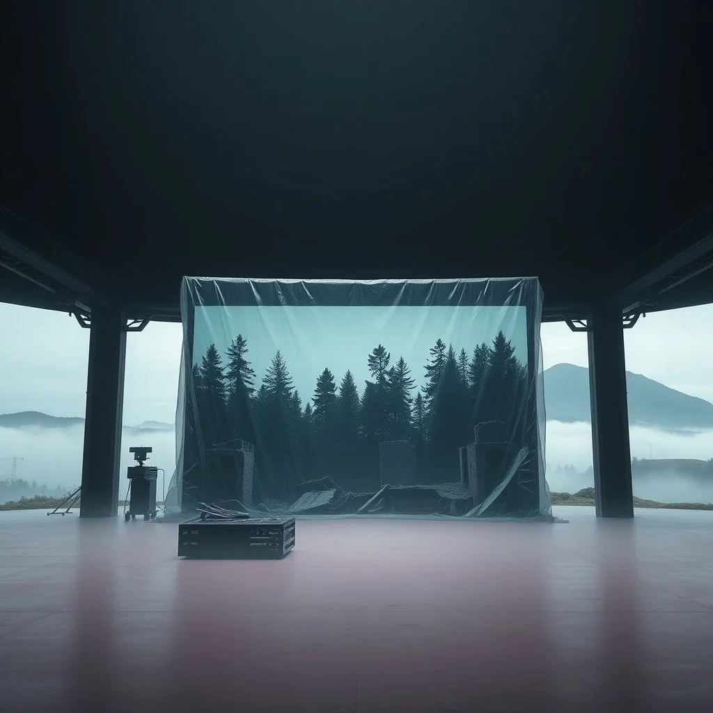 A super high definition photo of a dark open space with structures and a large computer screen. A transparent tarpaulin covers an image resembling a ruined building. There is a group of fir trees in the background and a high hill in the distance. The surface below is in a pastel color. Fog is present. Scientific terraforming ongoing