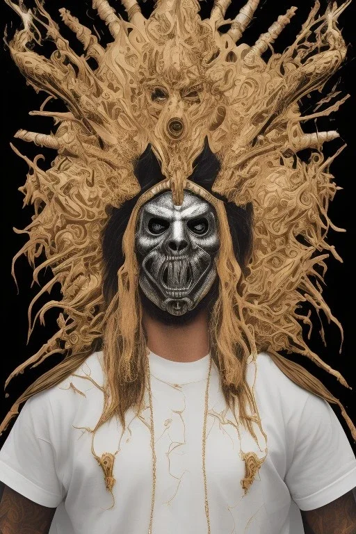 Realistic geometric anime black metal corpsepaint Slipknot Joey mask god with golden crown , sitting on a throne