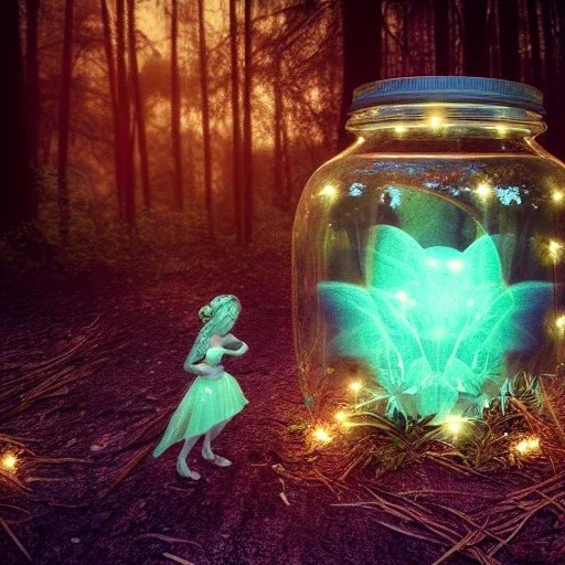 Pixies and Fairies in a belljar ,glowing ,free, small and big, many fairy lights inside a forest, ghostly lights, polaroid, symmetry, bioluminescence, luminescent glow, moody, tender, photorealistic, octane render, golden hour