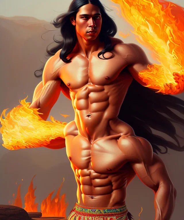 native american warrior, long black hair, dancing on top of fire, big muscles, shirtless, 8k resolution concept art portrait by Greg Rutkowski