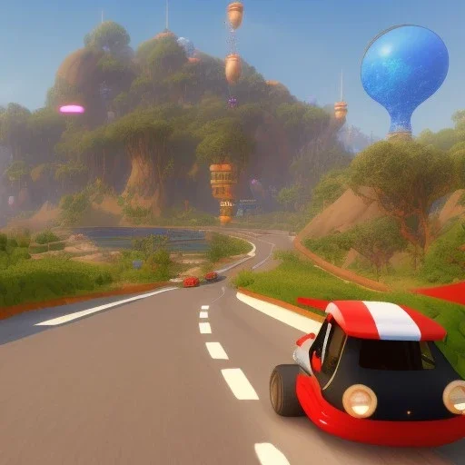 a new donkeykong level with small cars, fine detail, graphics, shiny 3d, road sign, suspended road, islands, jumps