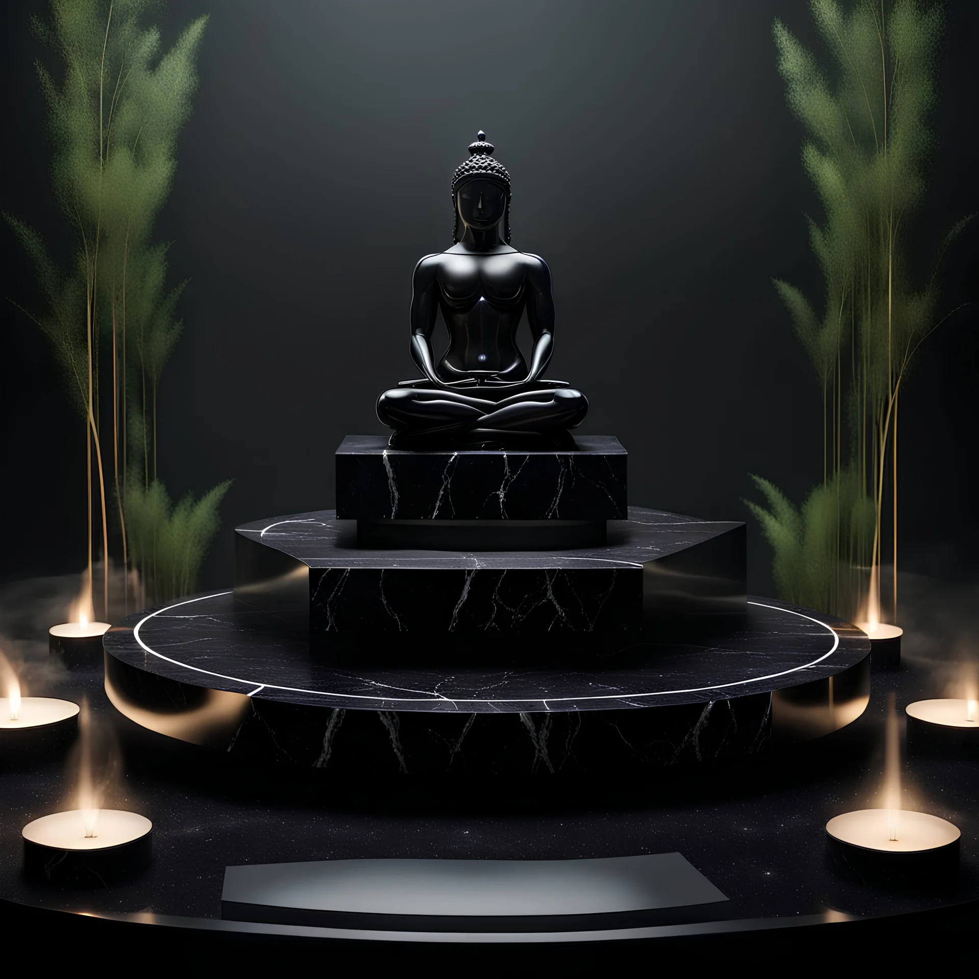 podium for meditation in black marble stone. direct view , black , around, Smoke in the Galaxy