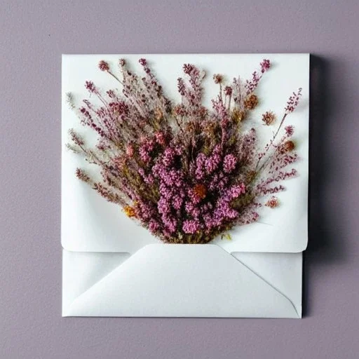 aesthetic layout of small dried flower in the open white vinyl envelope, vintage, tender, mild colours, oil on canvas