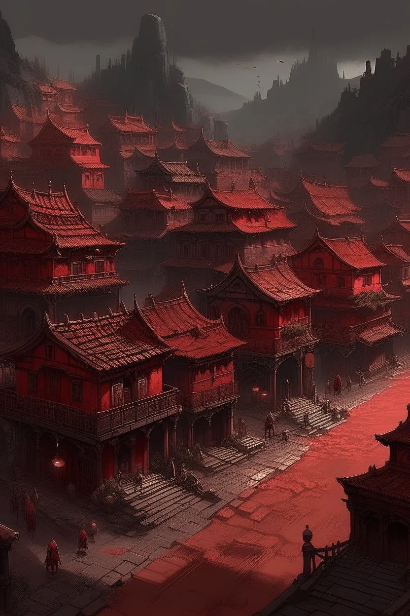 A dark red Day of the Dead themed town painted by Zhang Lu