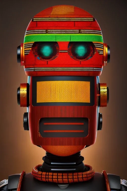 robot portrait in Kente, rusted clock eyes, cinematic, ghana flag, african pattern symbols, engraved, 8k quality