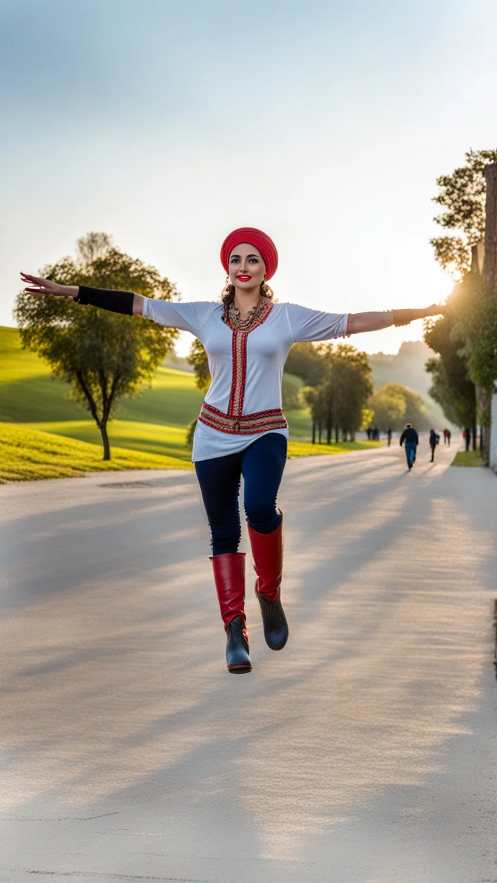 A full-body shot of azeri lady,long red boots ,tight blue pants ,a hat on head