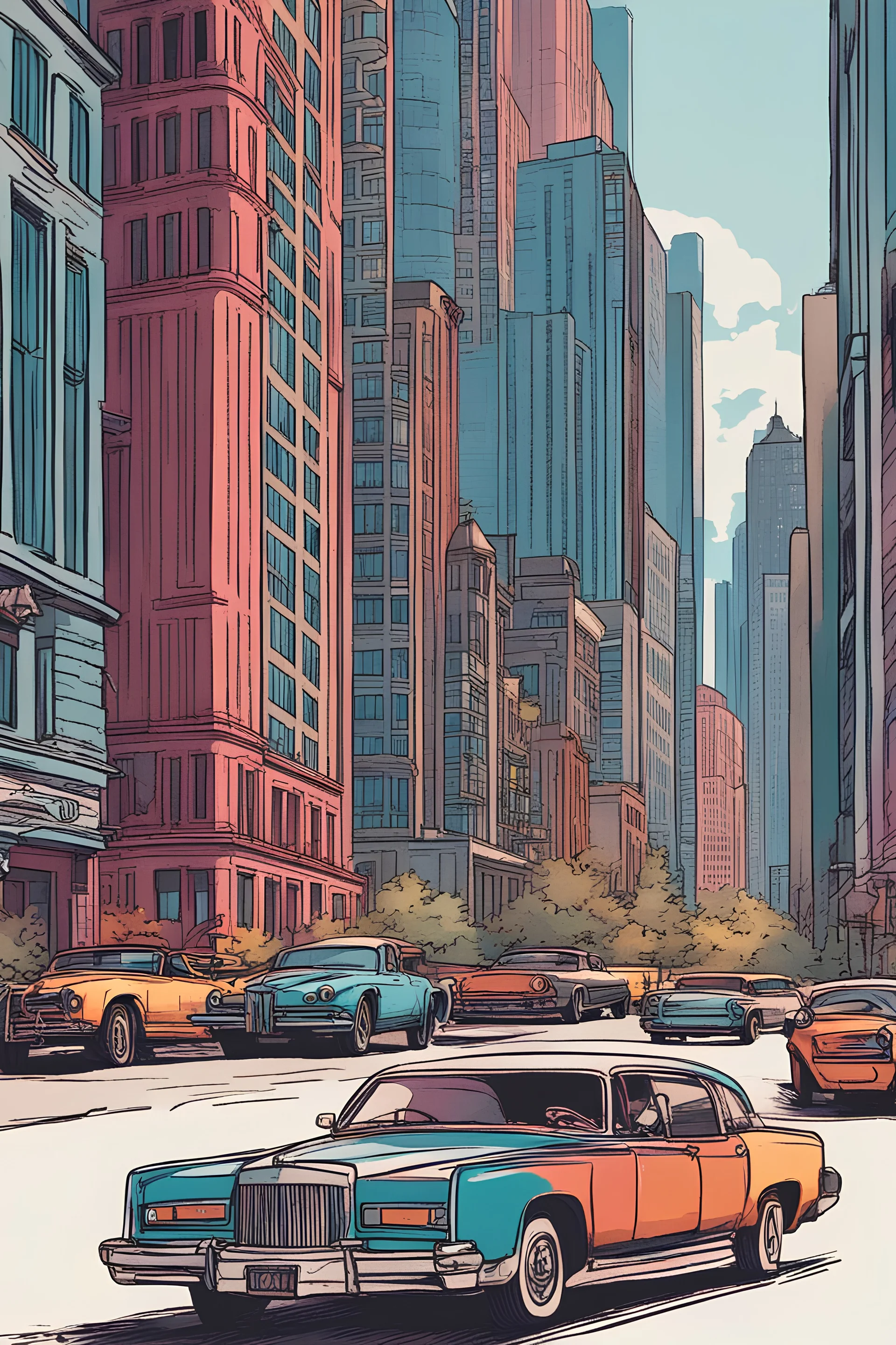 ville bondé de chicago avec de gros et long building imposant. personnes marchant et en voitures de luxe.coloré
