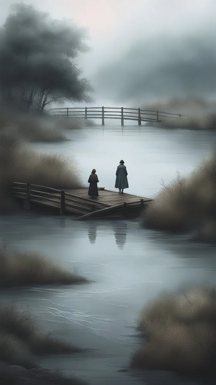 By Sergiо. Style by Greg Rudkowski. Thick white milky dense fog on a deserted beach with lonely bushes.flooded raged water . 2 women and a child In the stormy wether in the water a bridge is falling in the river Bruegel painting style, fine line draw