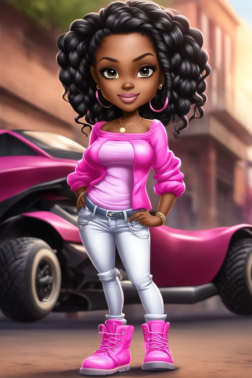 Create a digital airbrush cartoon of a curvy African American chibi female wearing tight white jeans and a off the shoulder hot pink blouse. She is also wearing timberland boots. Prominent make up with hazel eyes. Highly detailed very long extremely braids of black hair. Her skin is smooth and silky. Background of a track of ATV riders.