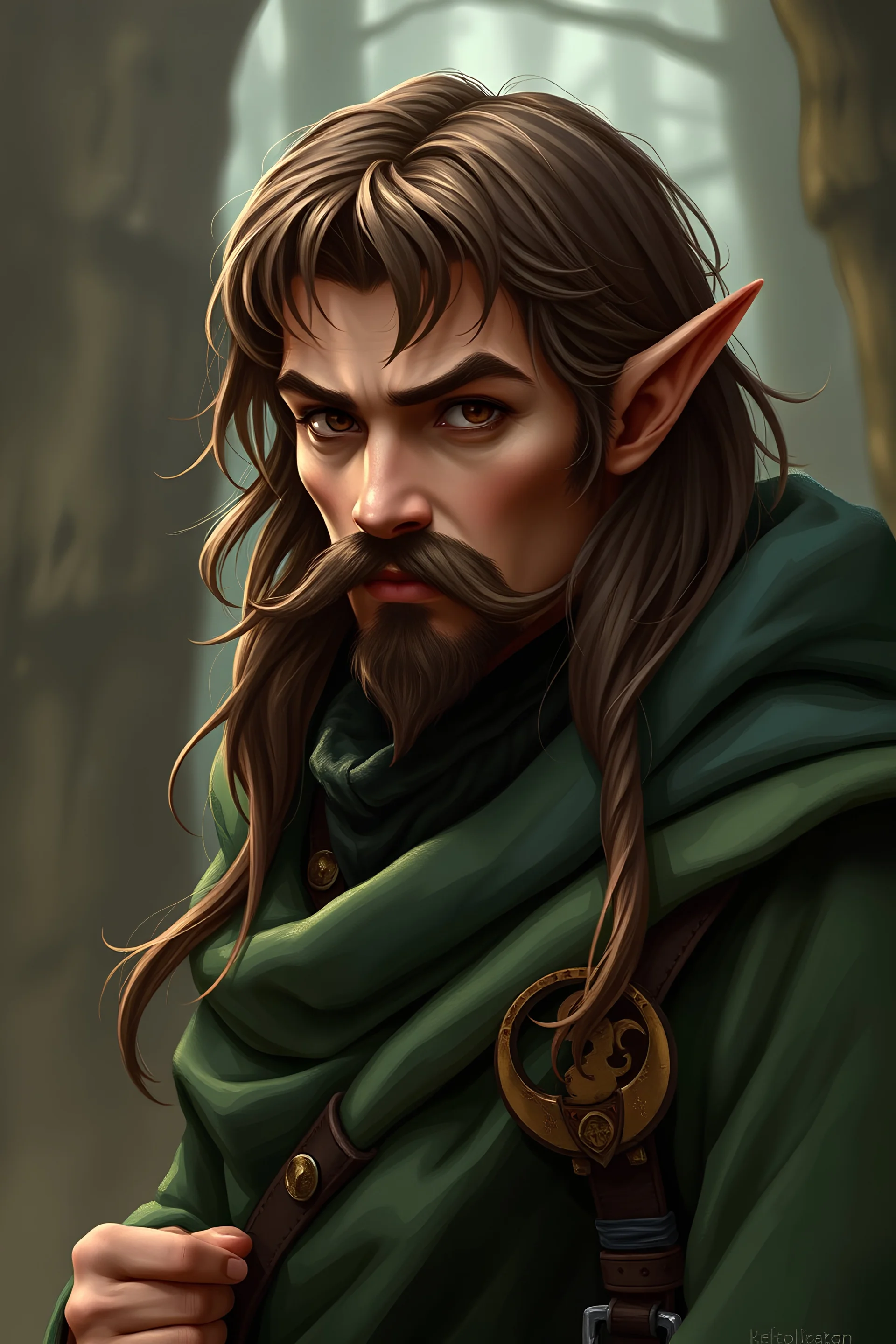 Half wood elf, male, sorcerer, 30 years old, brown hair, green cloak, moustache, detective, investigator, brown eyes