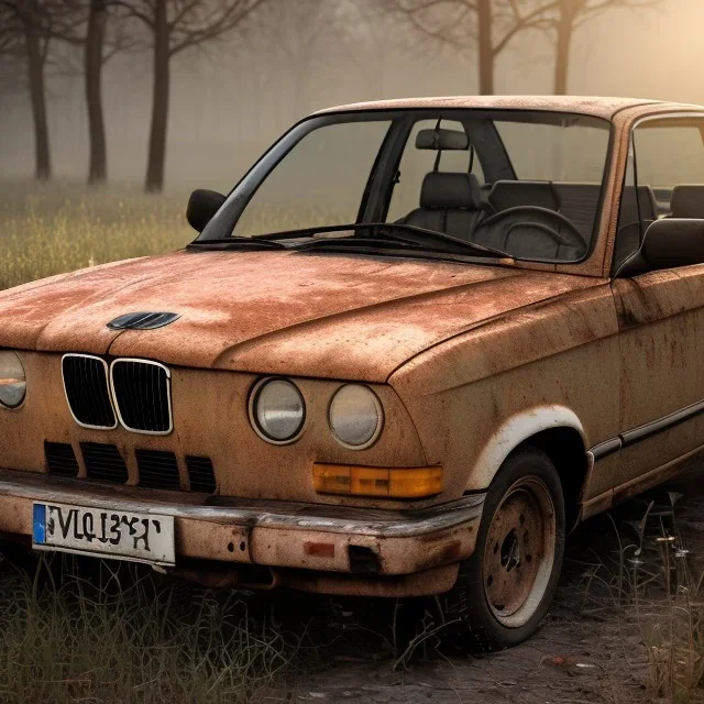 an abandoned 1990 bmw rust 2-door overgrown by nature with dust ,ultra realistic,concept, 4k ,on street,8k resolution, high-quality, fine-detail, parked in crowded city winter