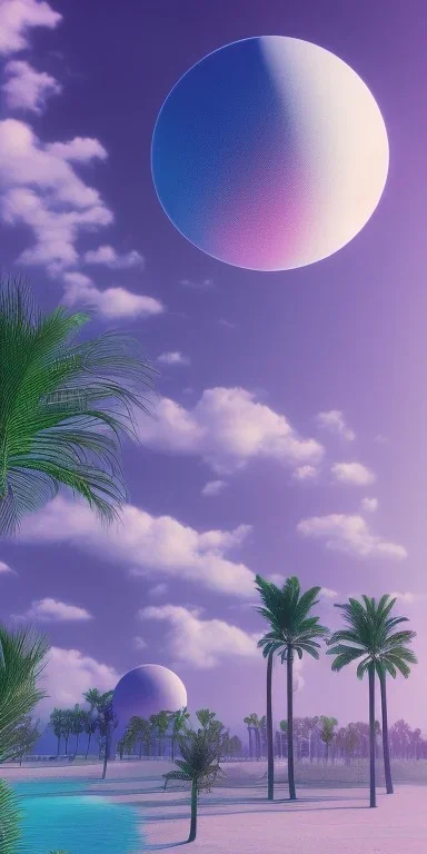 1980's aesthetic vaporwave curvy palm trees with spheres and ufo