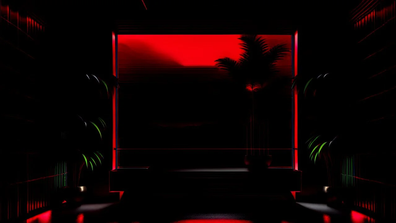 Minimalist background for video calls. Mostly black with some red. Serene, futuristic, with a very wide window and with some plants outside.