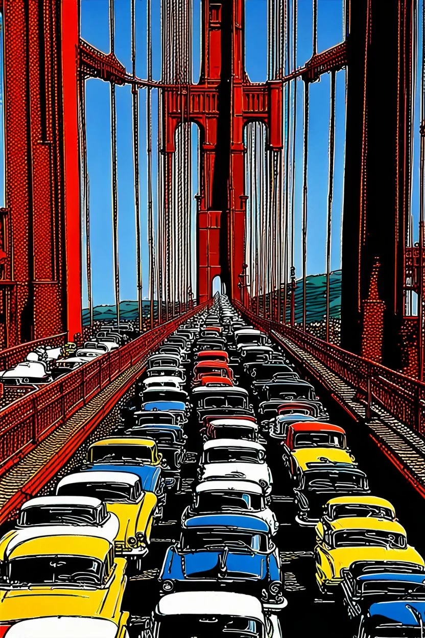 fotorealistisch bunt frontale Sicht auf Fahrbahn der Golden Gate Bridge vom Zentrum der Brückenfahrbahn aus, Horizont liegt beim unteren Drittel der Bildhöhe, ziemlicher Verkehr in beide Richtungen, ausschließlich amerikanische Autos mit Baujahren zwischen 1950 und 1960