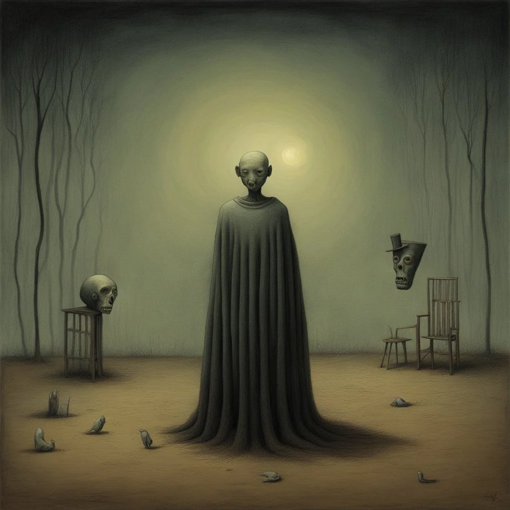 malignantly useless, depicting a fear of being alone, Style by Pawel Kuczynski and Basquiat and VS Gaitonde, surreal horror art, nightmarish, dynamic composition, dark color burn, based on the imagery of Zdzislaw Beksinski