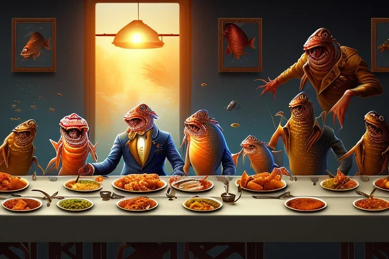 supper, fish sit at the table and eat pieces of people.