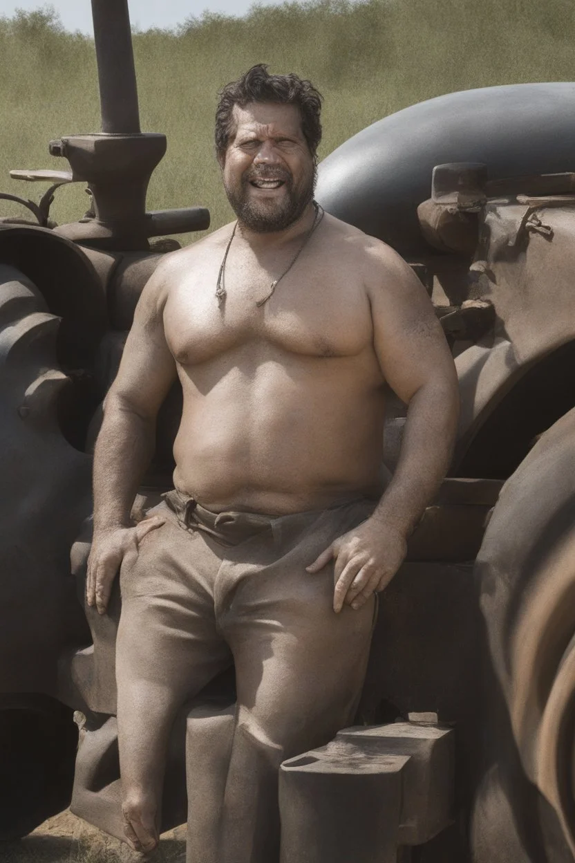 extreme close up photography of a ugly strong overweight 42 year old gipsy tractor driver shirtless in short pants to his tractor in the field , sunlight, manly chest, bullneck, big nose, short beard, angry eyes, tattoo, long curly hair, photorealistic, side light , frontal view from the ground, cinematic