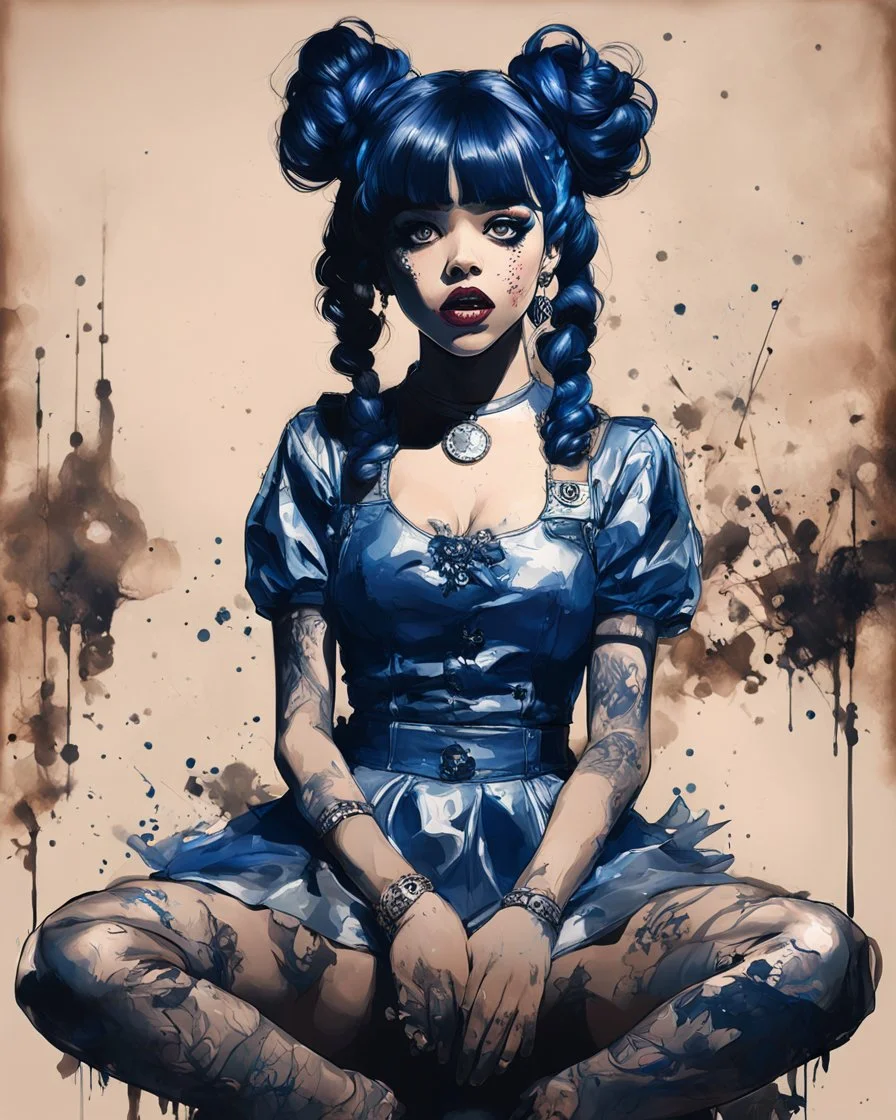 Poster in two gradually, a one side the Singer Melanie Martinez face, full body, sit pose, painting by Yoji Shinkawa, darkblue and sepia tones,sinister, detailed iridescent, metallic, translucent, dramatic lighting, hyper futuristic, digital art, shot with Sony Alpha a9 Il and Sony FE 200-600mm f/5.6-6.3 G OSS lens, natural light, hyper realistic photograph, ultra detailed -ar 3:2 -q 2 -s 750,malevolent goth vampire girl face and other side