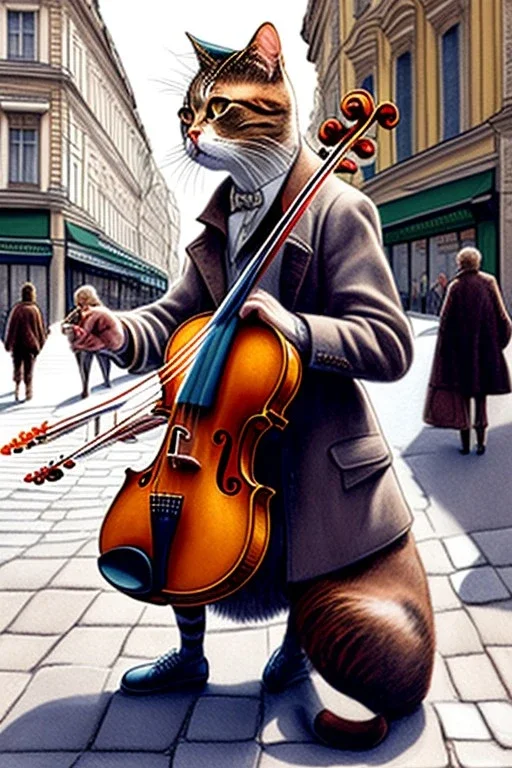 One single mature cat playing violin on the street, Vienna, friendly, model style, hyper realistic, extremely accurate, delicate, extremely detailed, Graphic novel style, wide-angle, open aperture, superfine pencil