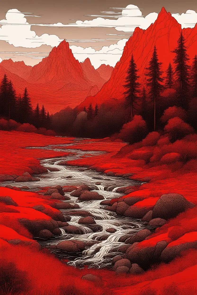 A picture all in red colors of a red water river, in middle of red grass and red woods, surrounded by huge mountains and a little red rock in the water, day, masterpiece, extreme quality, Bosch painting art style, high detailed, manga art style red sky