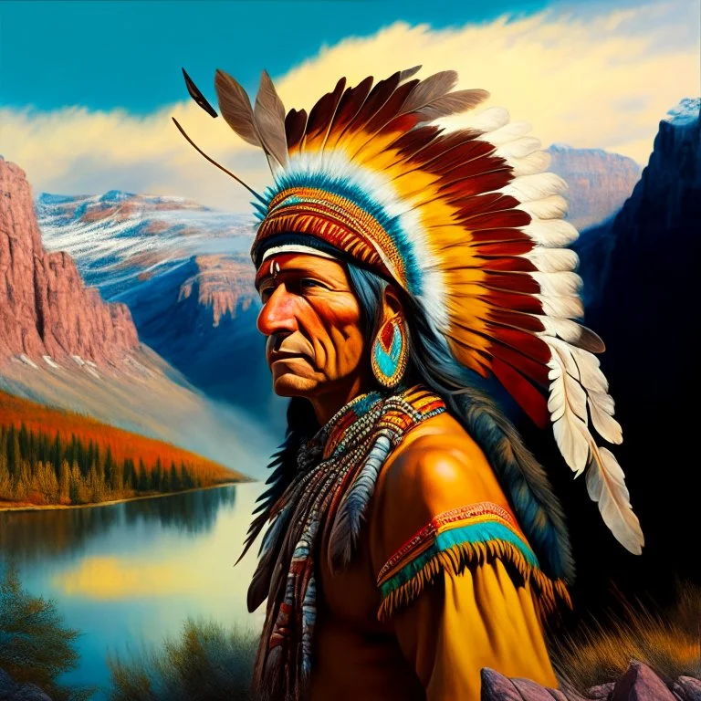 stunning 3D render of a painting in the style of Rembrandt featuring Winnetou, the chief of the Aachen tribe. Winnetou is depicted as a noble and wise leader, adorned with intricate feathers and a colorful headdress. The background portrays a vast, rugged landscape with a rocky mountain range and a serene lake, casting a warm golden glow. The overall atmosphere is a mix of both realism and dreamlike fantasy, reflecting Rembrandt's masterful use of light and shadow., illustration, 3d render, pain