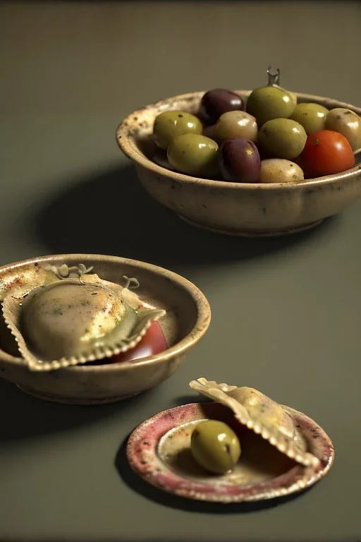 Ravioli by renaissance style still life oil painting, dish, natural tomato, albahaca, olives, olive oil, moisture, art, natural, ornaments, chef, high kitchen, smooth, gradient color background, unreal engine 5, ray tracing, RTX, lumen lighting, ultra detail, volumetric lighting, 3d.