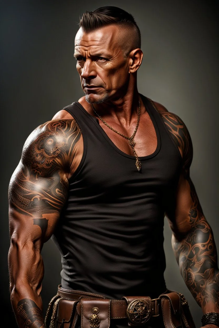 portrait of a 45 year old Handsome muscular mercenary with light bronze skin adorned with tattoos. photorealistic