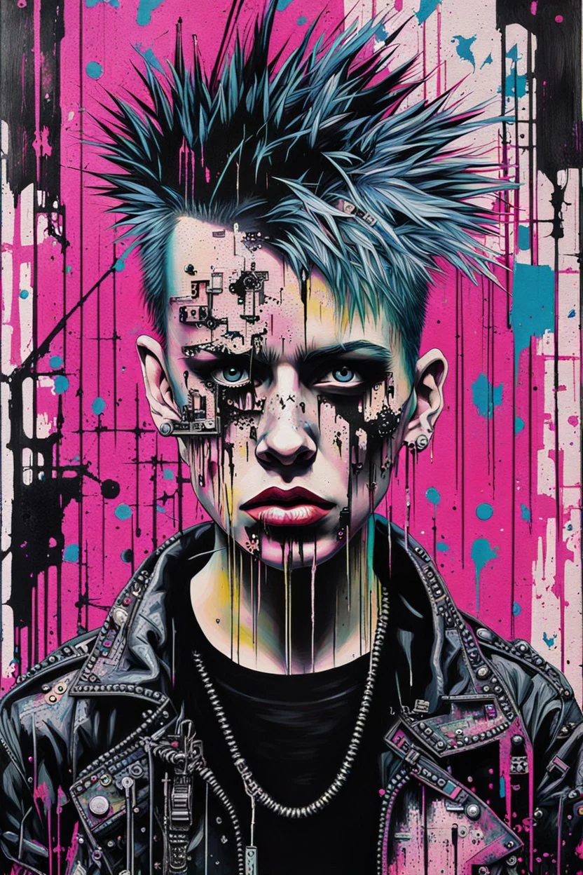 Ultra detailed medium portrait painting of anxiety torn up punk poster, broken circuitry background, matrix effects, punk visual art, punk art aesthetic, graffiti art, pop surrealism, collage art, cluttered paint glitches