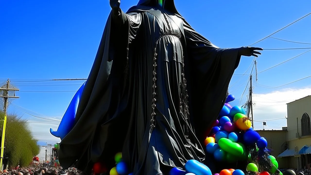 200 ft tall floating cartoonish jesus parade balloon pulled by multiple grim reapers, multi colored, bright, vivid, psychedelic, high detailed, high gloss, insanely detailed, matte, horrorcore, lining the street, unsettling contrast, monument to death, live action shot grim reaper parade, pulling a jesus parade float