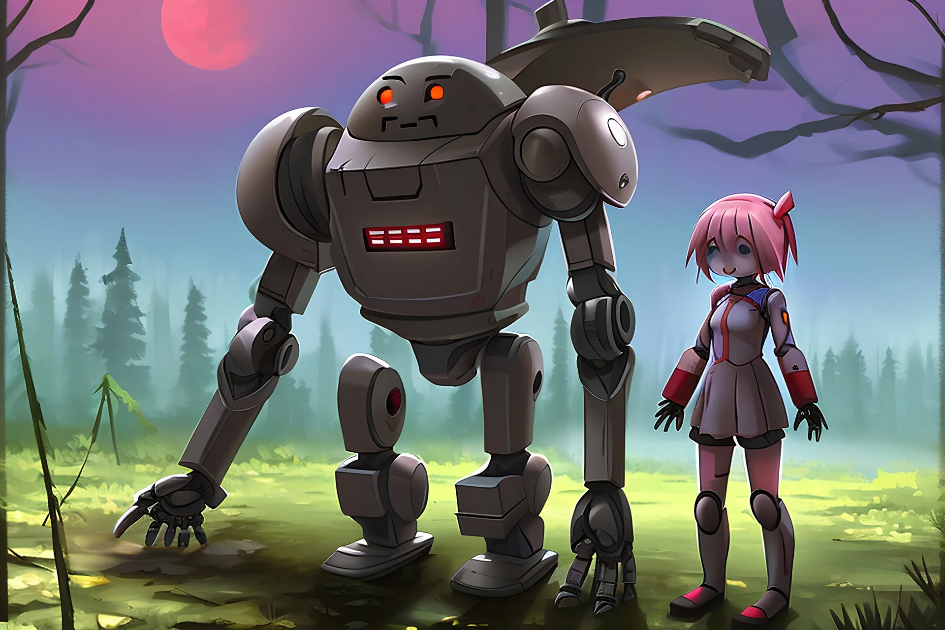 sympathetic robot surviving to the apocalypse in a forest meeting a little anime girl