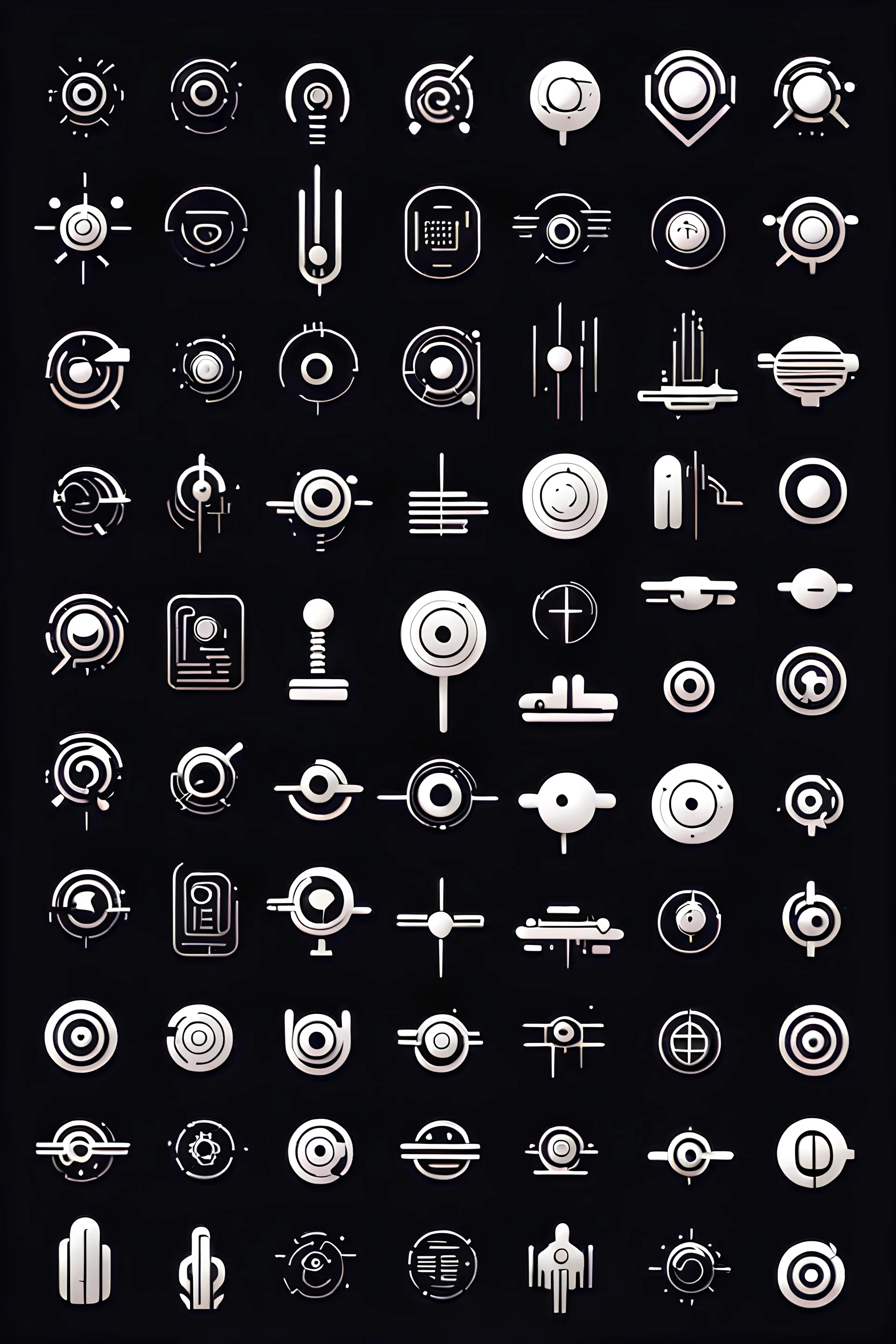 vector simple minimalistic monochromatic science-fiction techno cyberpunk icons and symbols in white color displayed on the black background