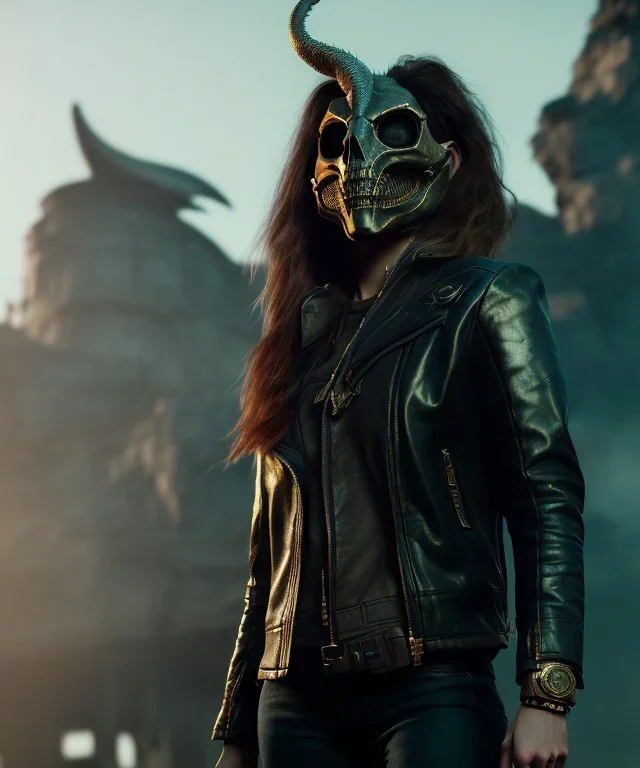 A badass Sofia Buttela wearing a dragon skull mask, atmospheric, realistic, unreal engine, cinematic lighting, octane render.