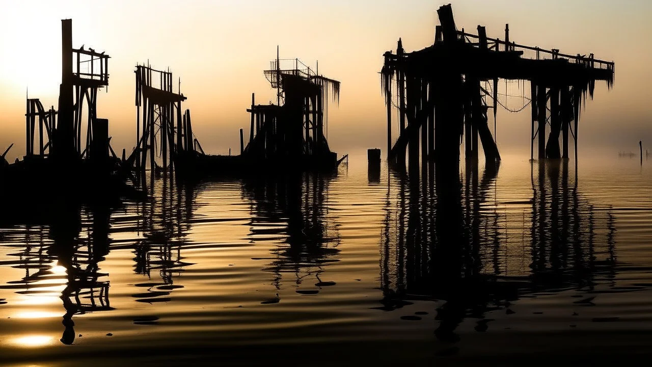 Silhouette of a dilapidated pier structure reflected on water at dusk surrounded by fog