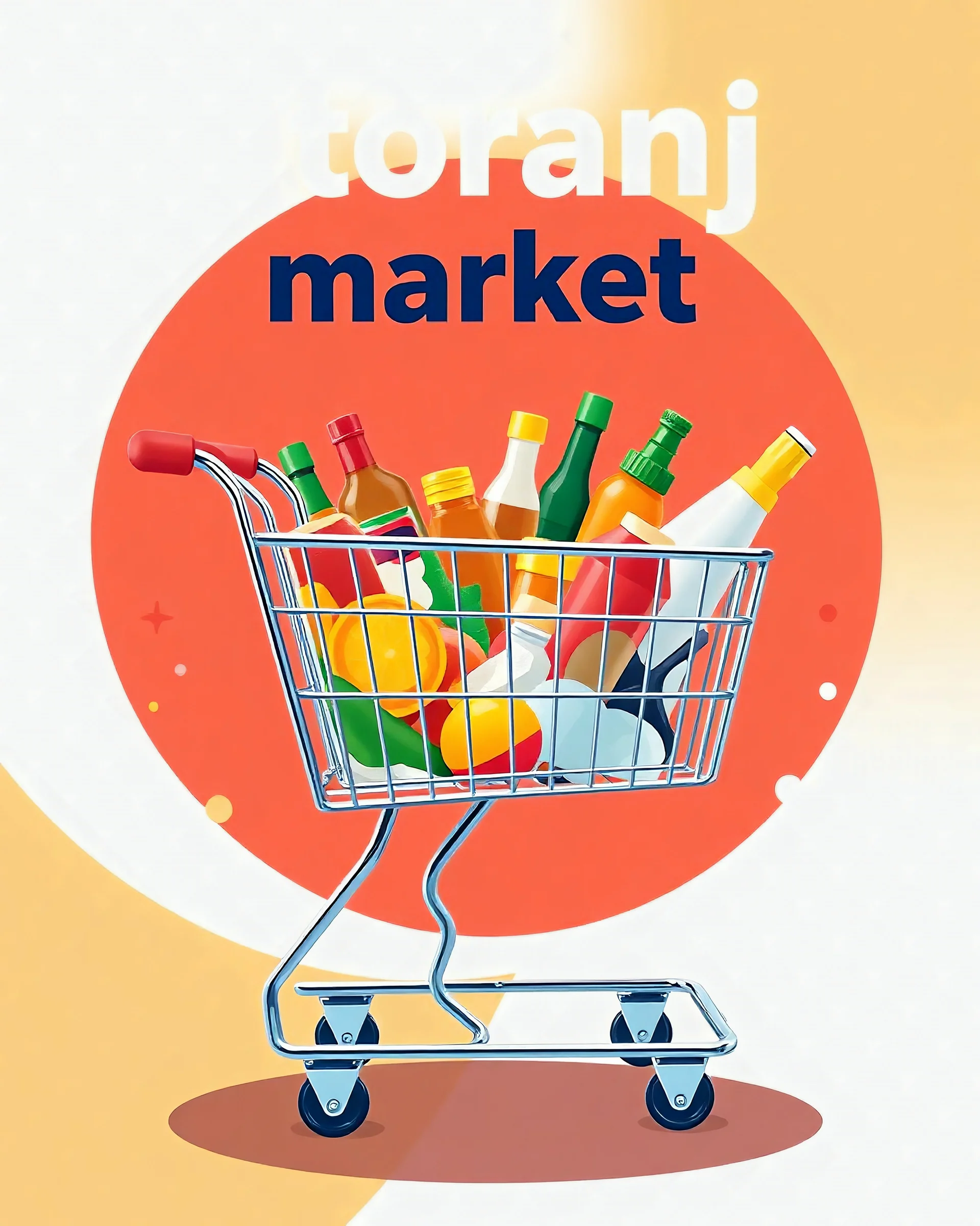 A beautiful design with a shopping cart in the middle filled with supermarket products on an orange, red, and white background and a special, amazing, and eye-catching design with the words (toranj plus market) at the top of the image as a logo.