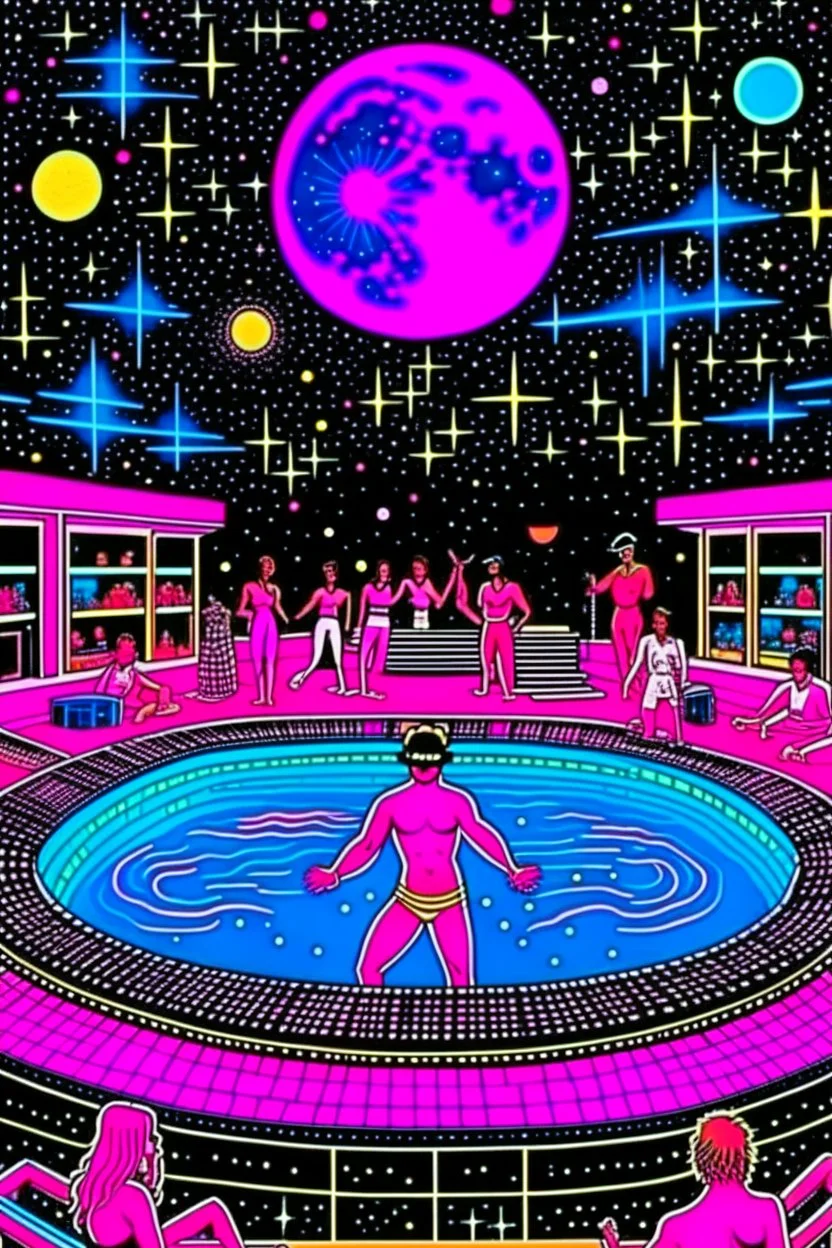 techno rave party in 80's with superstar dj playing and swimming pool on the moon full