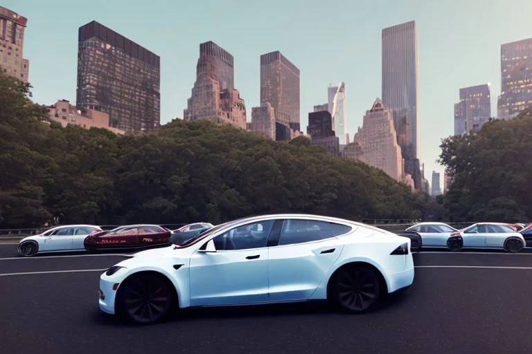 A Tesla 'Model Y' is drifting at high speeds, in 'Central Park' in New York City. (CINEMATIC, WIDE ANGLE LENS, PHOTO REAL)