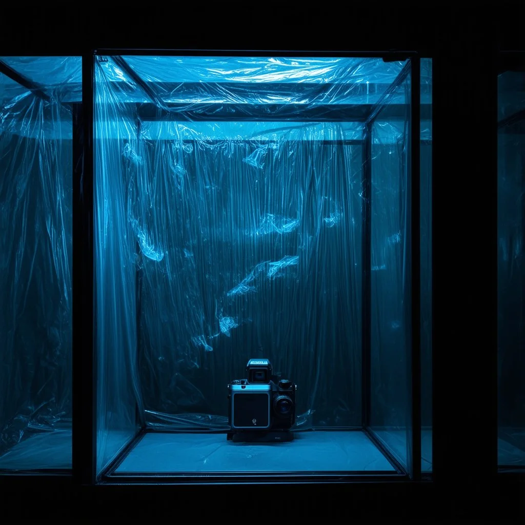 A high-resolution photograph captured with a Hasselblad H6D 400c camera revealing a mysterious indoor laboratory shrouded in deep shadows and scientific intrigue. A translucent plastic tarpaulin drapes gracefully over an angular plexiglass structure, creating ethereal folds and prismatic reflections that catch fragments of dim light, while inside the enclosure a peculiar device releases delicate wisps of vapor that spiral and curl against the transparent walls like ghostly tendrils.