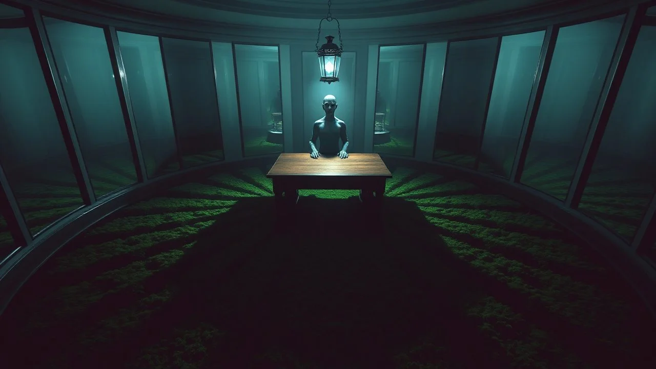 A circular room with walls covered in non-reflective mirrors, a large wooden desk placed on a thick carpet of vibrant green moss, a humanoid entity standing in the center of the room with an ornate antique lantern as its head emitting a soft bluish glow, elongated shadows stretching across the floor and walls, dim ambient lighting with a faint mist lingering in the air, shot from a low-angle perspective looking upward toward the lantern-headed entity.