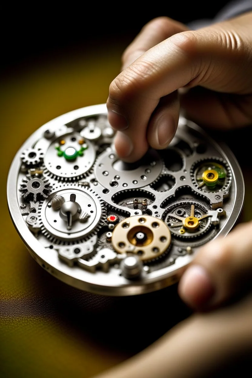 Highlight the craftsmanship of a jump hour watch by capturing the watchmaker's skilled hands working on its intricate components.""