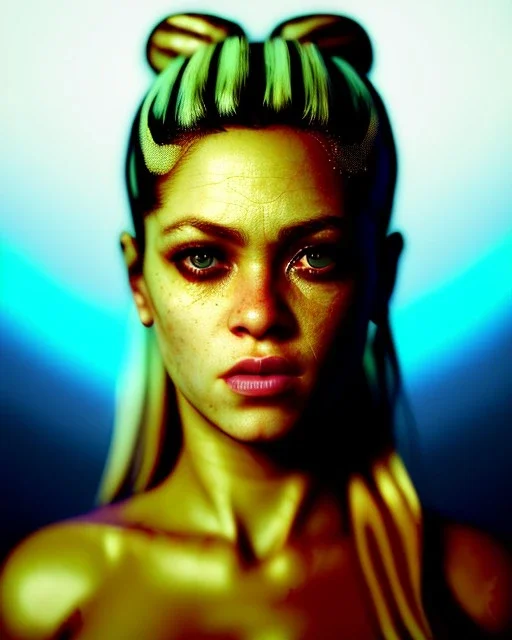 portrait, Shakira, blonde artist, angry, Realistic image, MMA robe, hoodie, mma gloves, loose long hair, eyes, makeup, gold line make up, moisture, sweat, fog, goddess, Neon colors, leds. Black background, photo studio, concept art, smooth, unreal engine 5, god lights, ray tracing, RTX, lumen lighting, ultra detail, volumetric lighting, 3d, finely drawn, high definition, 4k.