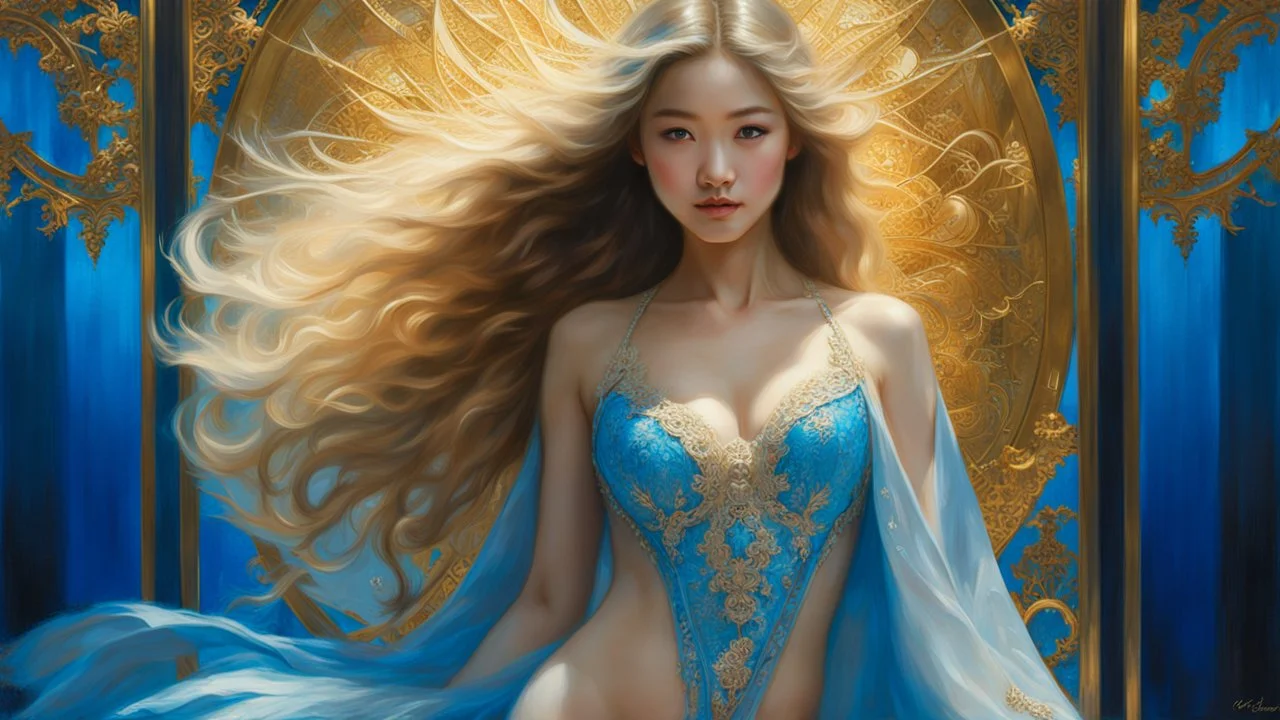 In Casey Baugh's evocative style, art of a gorgeous smiling asian goddess full body with long blonde hair, blue eyes , beautiful chest and long legs, futuristic, transparent blue lace, elegant, highly detailed, majestic, Baugh's brushwork infuses the painting with a unique combination of realism and abstraction, greg rutkowski, surreal gold filigree, broken glass, (masterpiece, sidelighting, finely detailed beautiful eyes: 1.2), hdr, realistic painting, natural skin, textured skin,