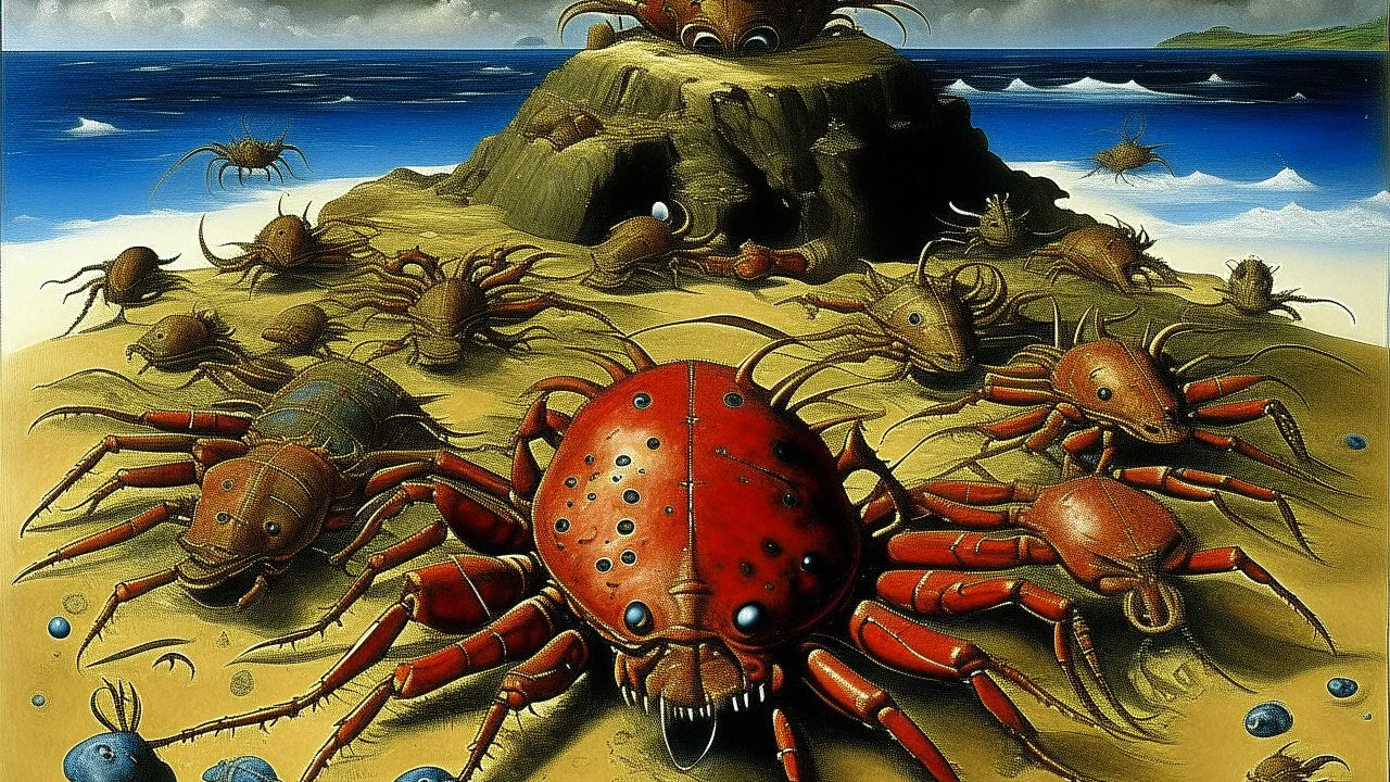 A tan prehistoric island with crabs designed in African pottery painted by Max Ernst
